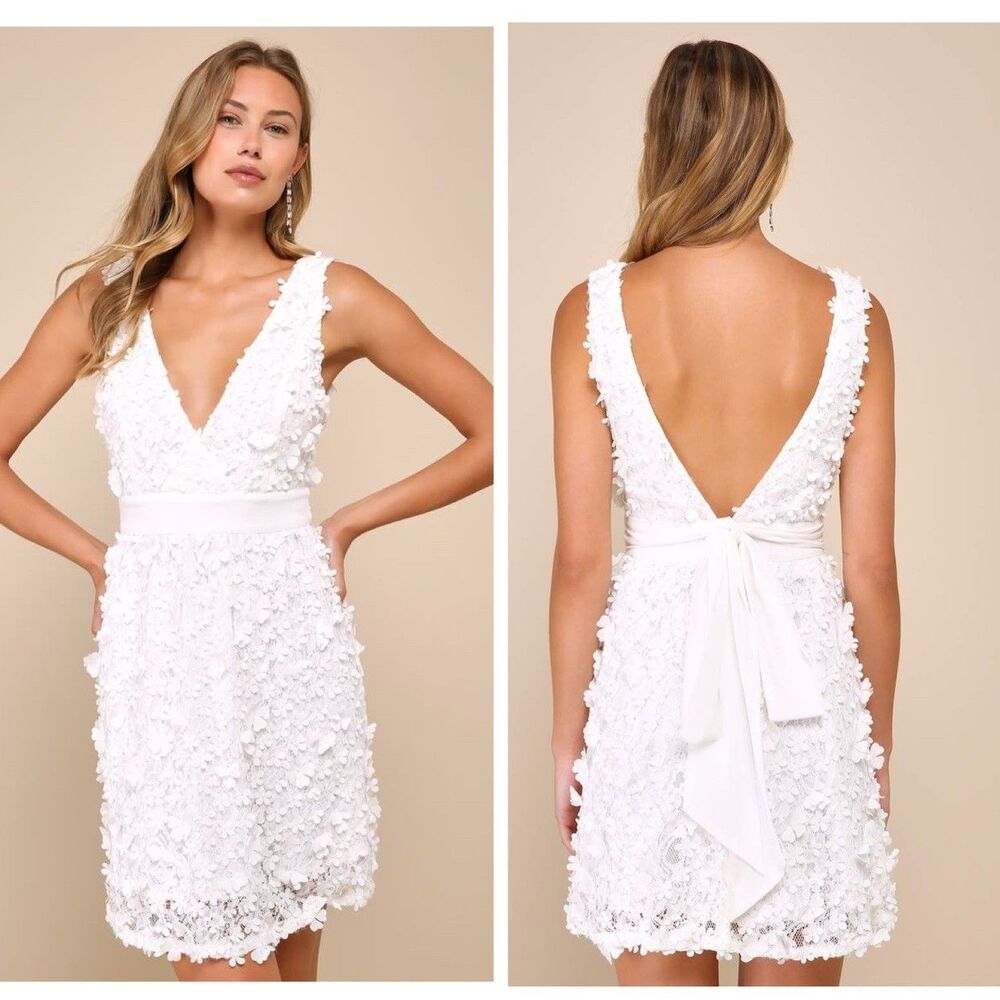 Lulus Totally Beautiful White 3D Floral Tie-Strap Skater Mini Dress Size Small